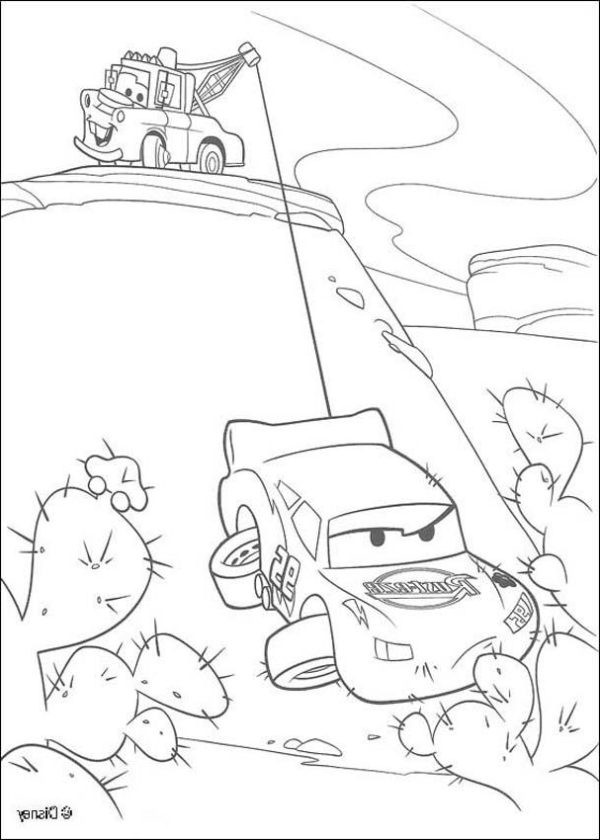 Kolorowanka: Zacięta przygoda na pustyni - Zygzak McQueen i Złomek kolorowanka do druku